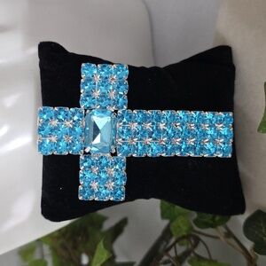 Statement Silver and Acrylic Blue Topaz Cross Brooch Pendant